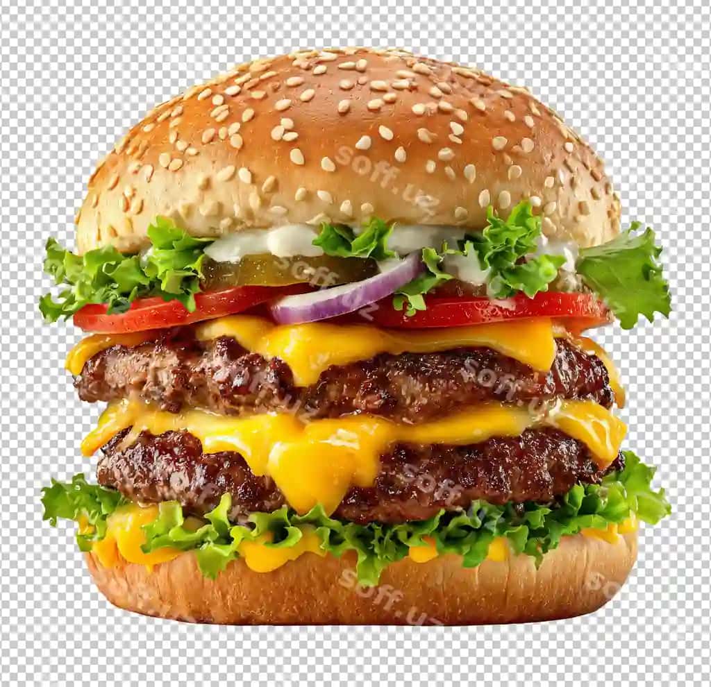 Mazali ikkalashtirilgan cheezburger barcha qo'shimcha tarkiqlar bilan png | Delicious double cheeseburger with all fixings png 2