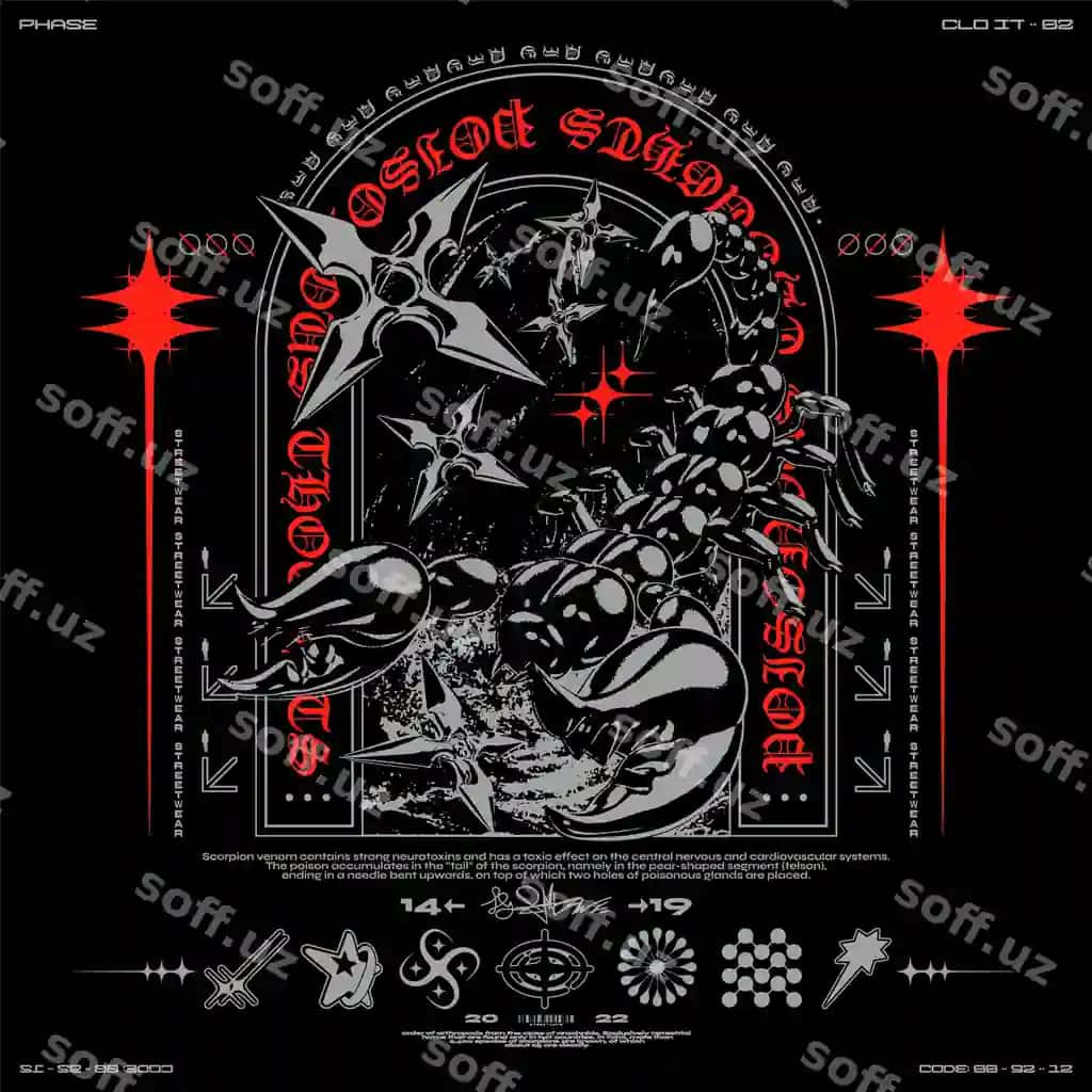 Retro futuristik posyer qoratirnoq arch print tehnostil streetwear | Retro futuristic poster with scorpion arch print techno style streetwear