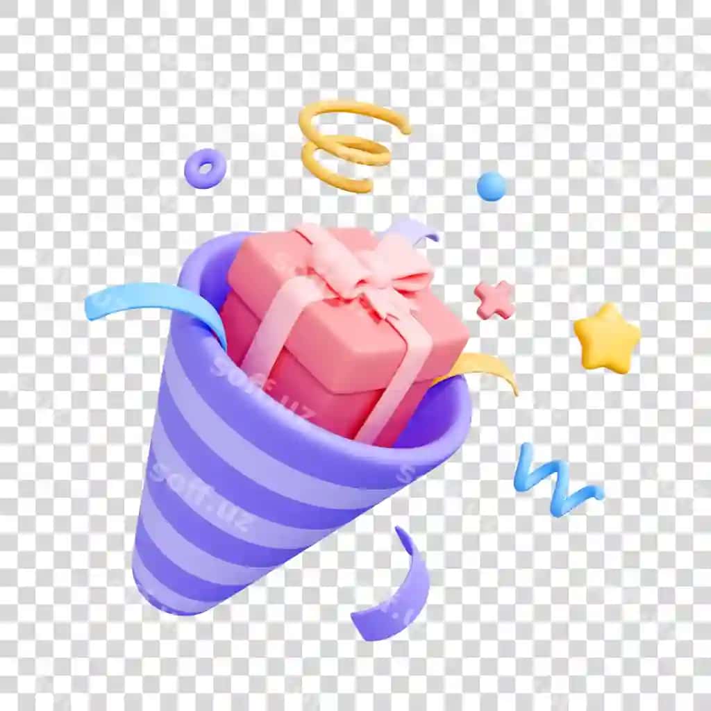 To'yga poppar pushti sovg'a qutisi ichida konfetti lentochkalar atrofida | Party popper with pink gift box inside surrounded by confetti streamers