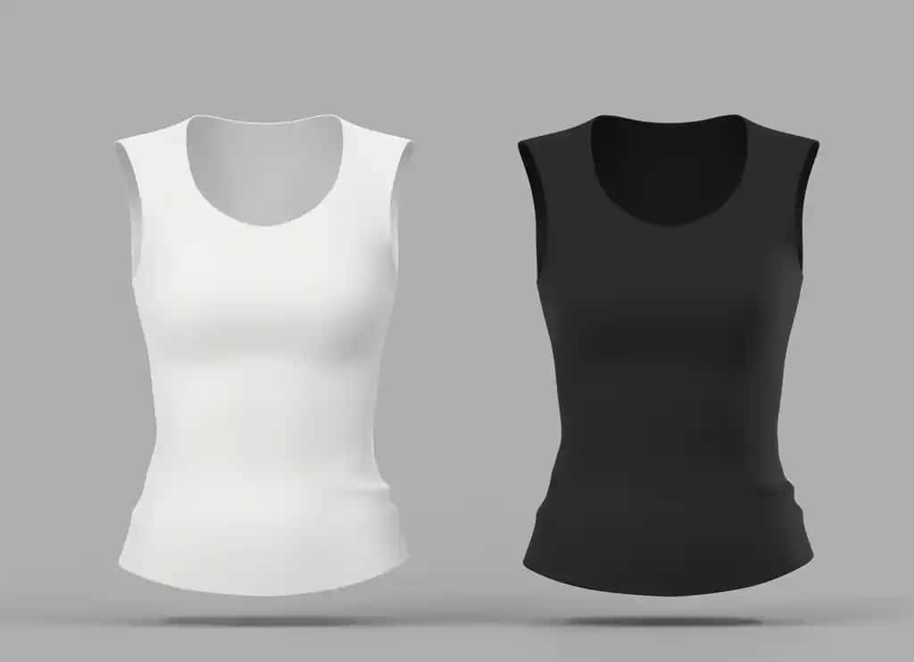 Mayka maketi qora oq ayol yengsiz shablon ko'ylagi old tomondan bo'sh kiyim dizayni ayollar sport kiyimlari kundalik kiyim izolyatsiyalangan kulrang fon realistik 3D render maket | Tshirt mockup black white female sleeveless template tank top front view blank apparel design women sportswear casual clothing isolated grey background realistic 3d render mock up