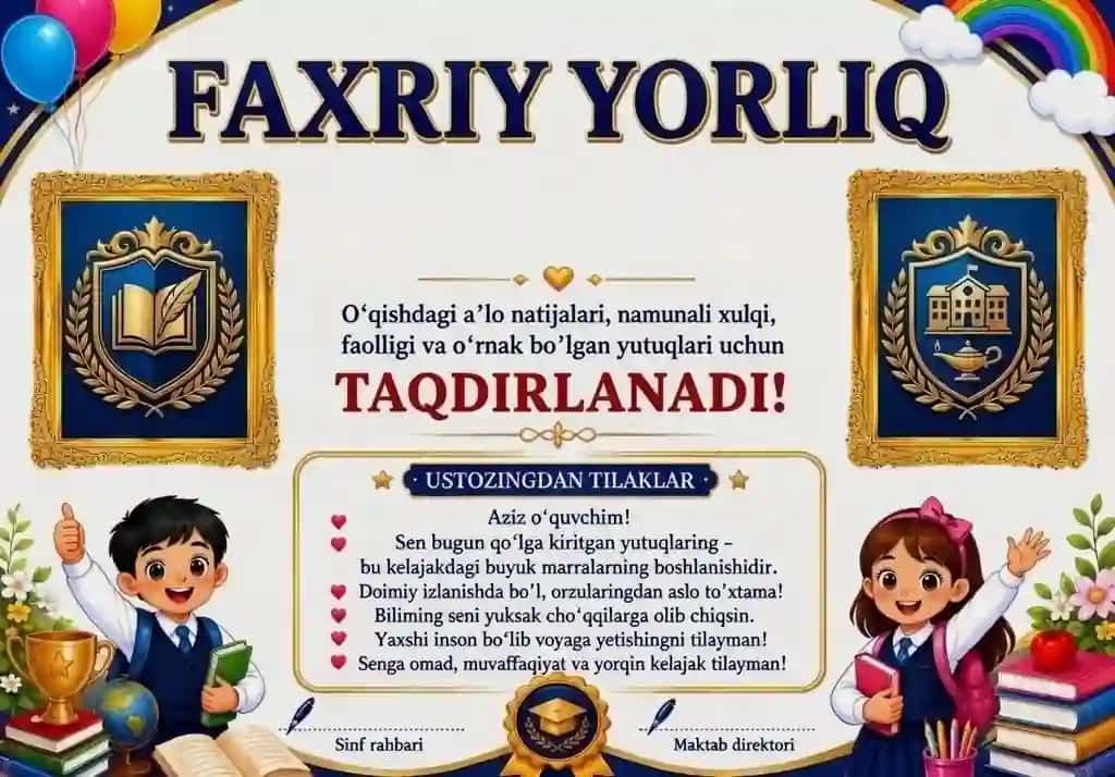 Tashakkurnoma, Faxriy yorliq