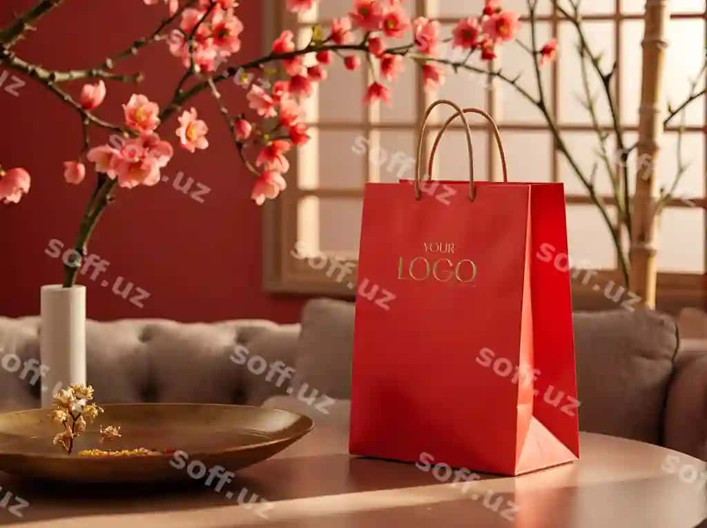 Boshqotirma qog'oz torba namuna PSD Lunar Yangi yil yuqori sifatli xarid torba | Luxury paper bag mockup psd lunar new year premium shopping bag