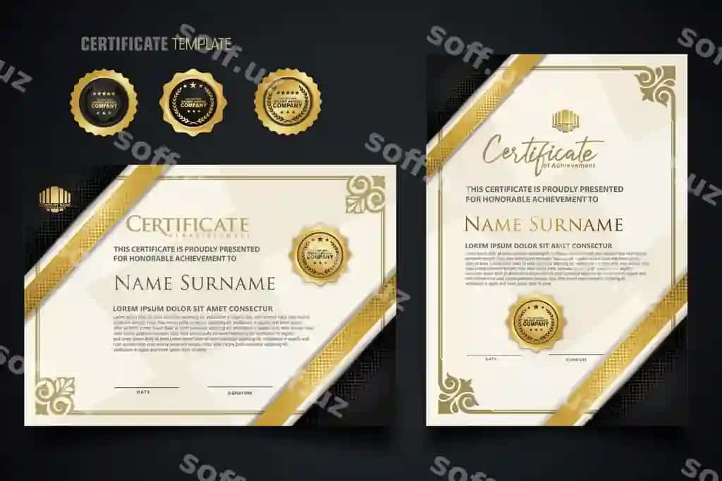Mashina sertifikat shabloni chiroyli burchak ramkali haqiqiy | Luxury certificate template with elegant corner frame realistic