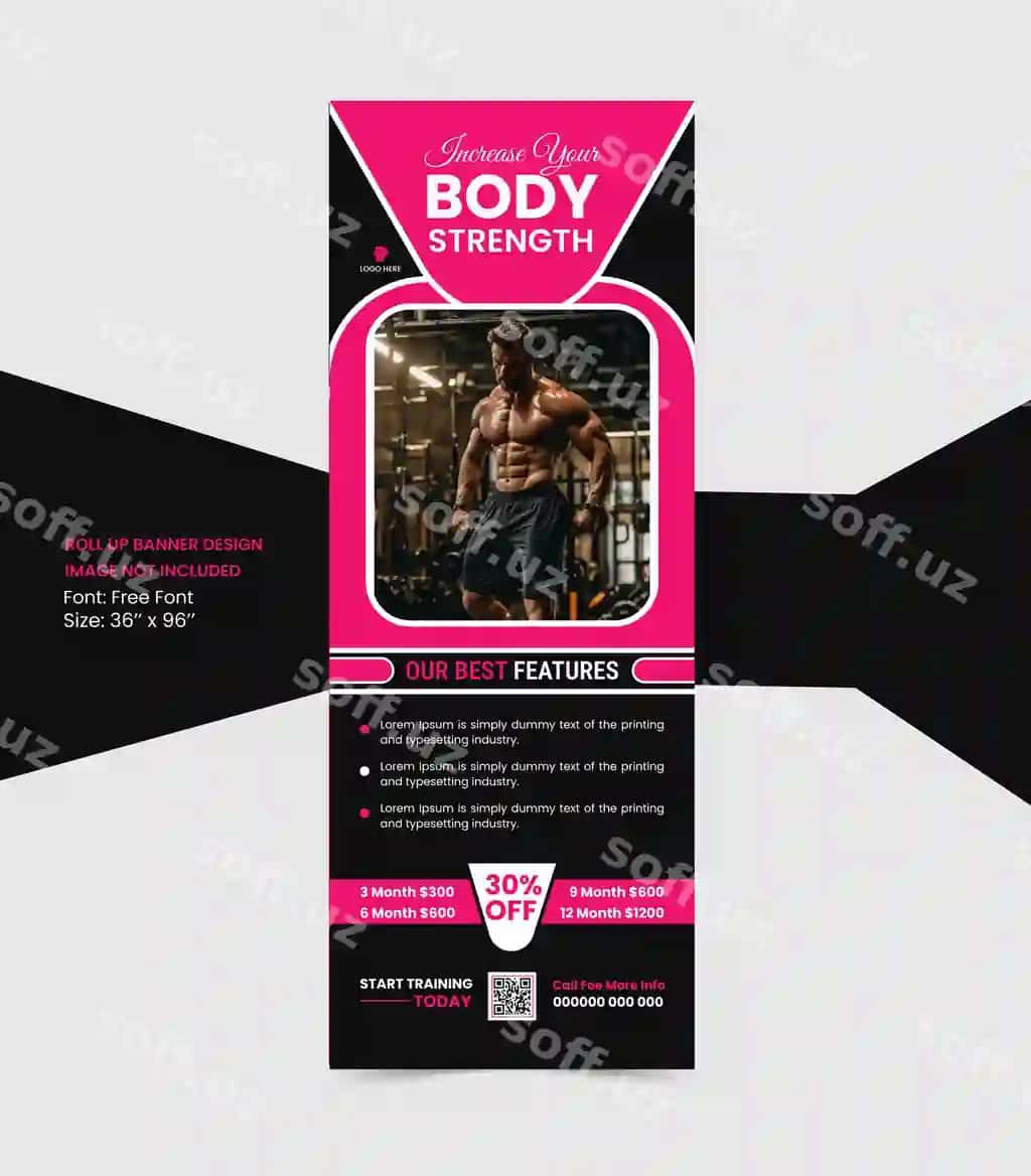 Fitnes jim biznesi tutib qolgan innovatsion rollup baner dizayni bilan | Fitness gym business stranded innovative rollup banner design with