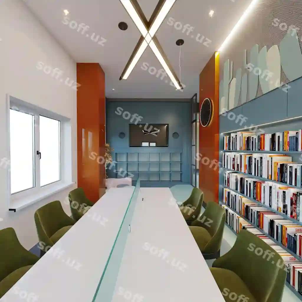Ichki kutubxona kitoblar shkafti stoli yashil kreslolar 3D render | Interior library with bookshelf table green chairs 3d render 2