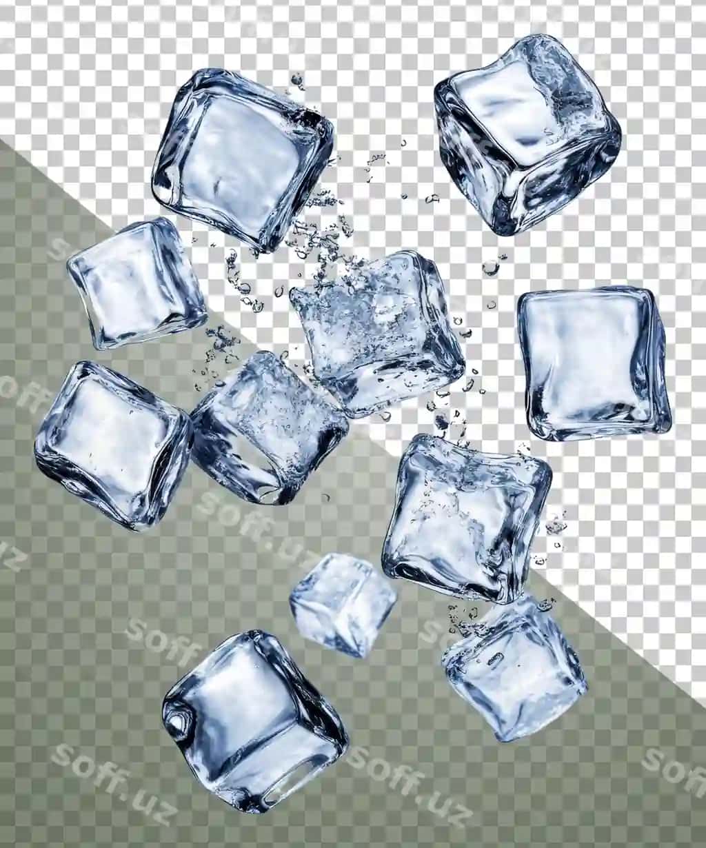 Buz kublari suzilayotgan aniq suv damjilari kesilgan stock png | Ice cubes splashing clear water droplets cut out stock png
