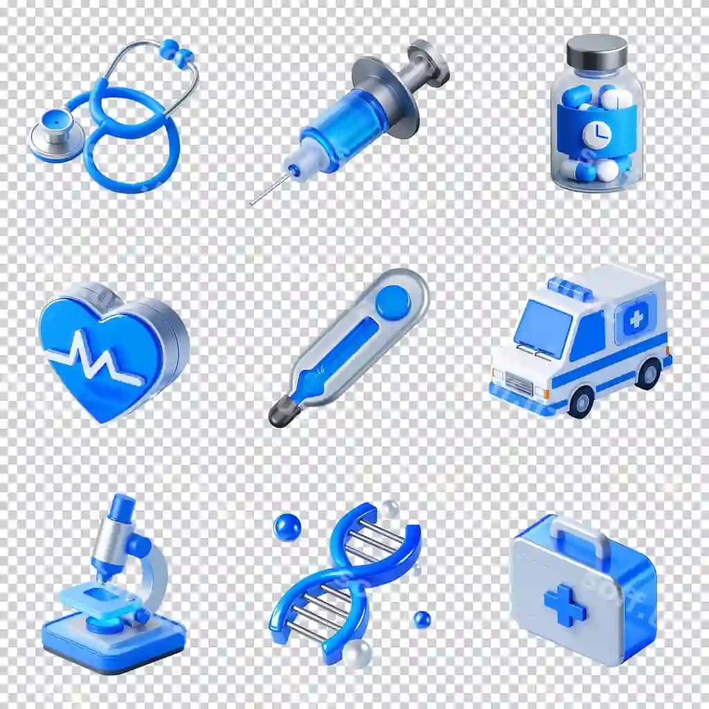 Komplekt tibbiy elementlar ajraltirilgan shaffof fonda 3D ikon | Set medical elements isolated transparent background 3d icon