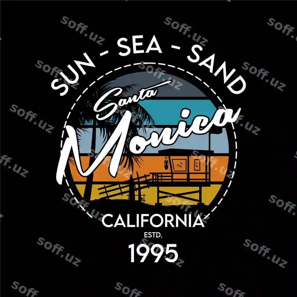 Quyosh dengiz qum Santa Monica chizmali sochki mavzusi vektor boshqotirma | Sun sea sand santa monica graphic beach theme vector print