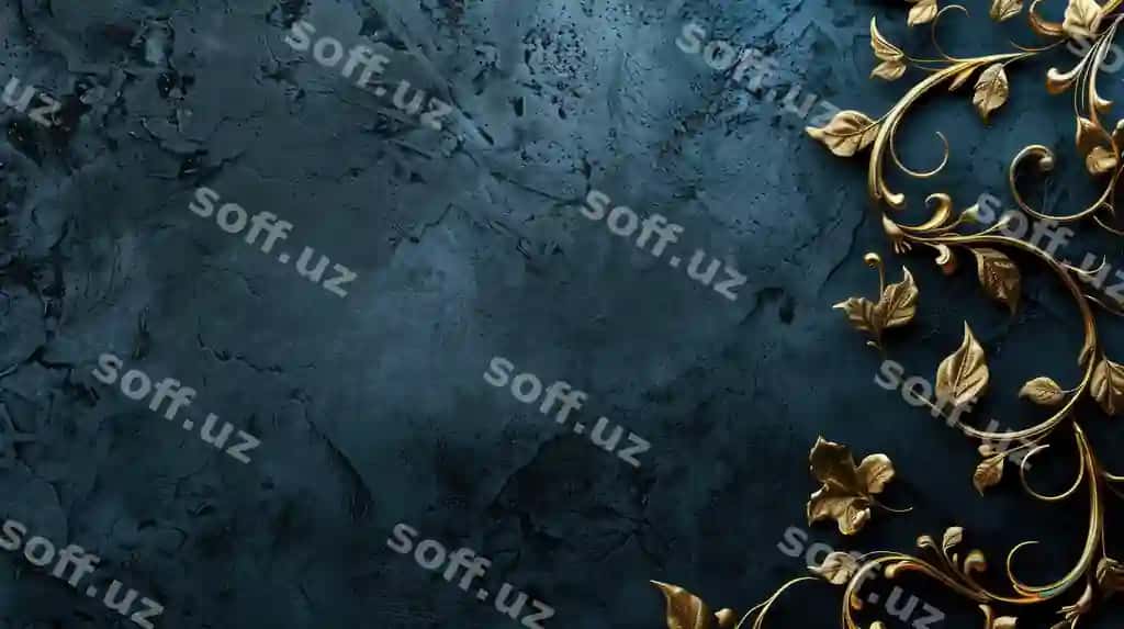 Qora ko'k teksturali orqa fon o'ng tomonda bezatilgan oltin gulli elementlar | Dark blue textured background with ornate gold floral elements right side