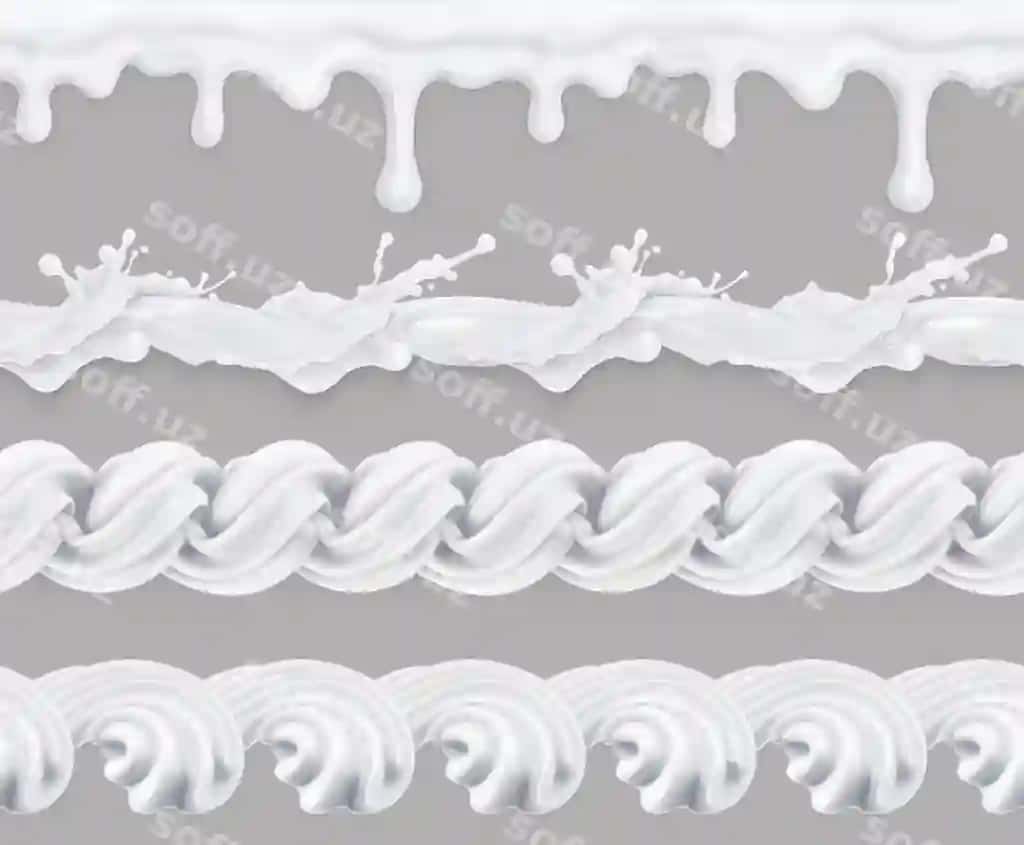 Sut ko'pirtirilgan qaymoq shirin sir choksiz naqsh vektor to'plami | Milk whipped cream sweet glaze seamless pattern vector set
