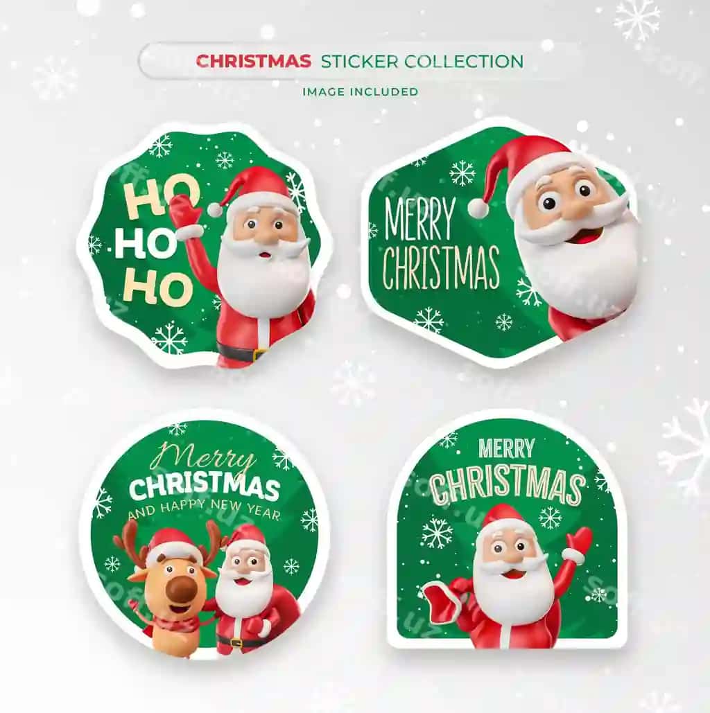 Yuldu stickernlari Santa Claus karyokatura 3D render bilan | Christmas stickers with santa claus cartoon 3d render