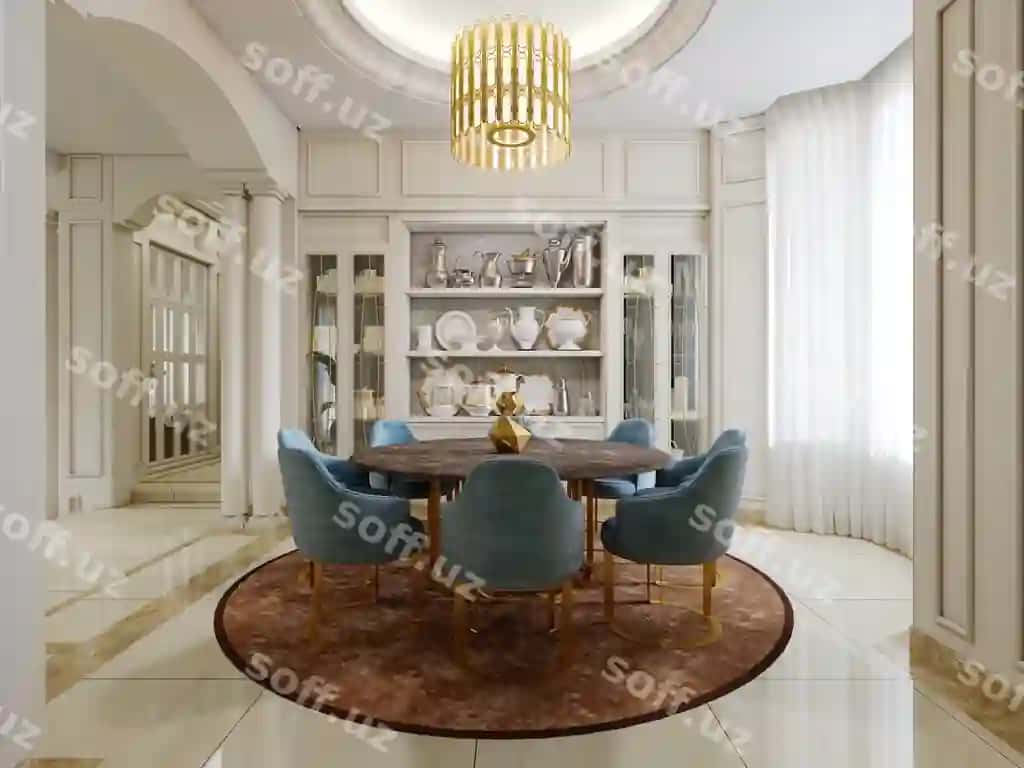 Oshxona jigarrang doira stol, ko'k o'ralgan stullar, oshxona dekoratsiyasi bilan shkaftlar, jigarrang g'ilam, 3D render | Dining room with brown round table blue upholstered chairs shelves with kitchen decor brown carpet 3d rendering