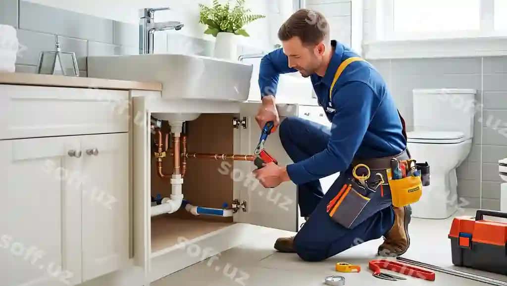 Santexnik zamonaviy turarli uy ichidagi hammomda ishlayotgan. | Plumber working inside modern residential bathroom
