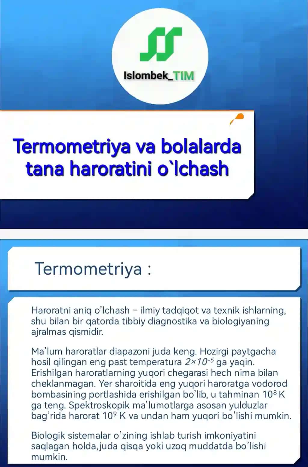 Termometriya va bolalarda tana haroratini o`lchash