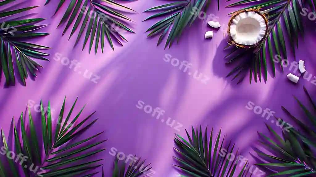 Binofat tropik fonda pal'ma barglari, yangi kokos soylari, mukammal binafsha yuz. | Vibrant tropical background with palm leaves fresh coconut shadows purple surface perfect 2
