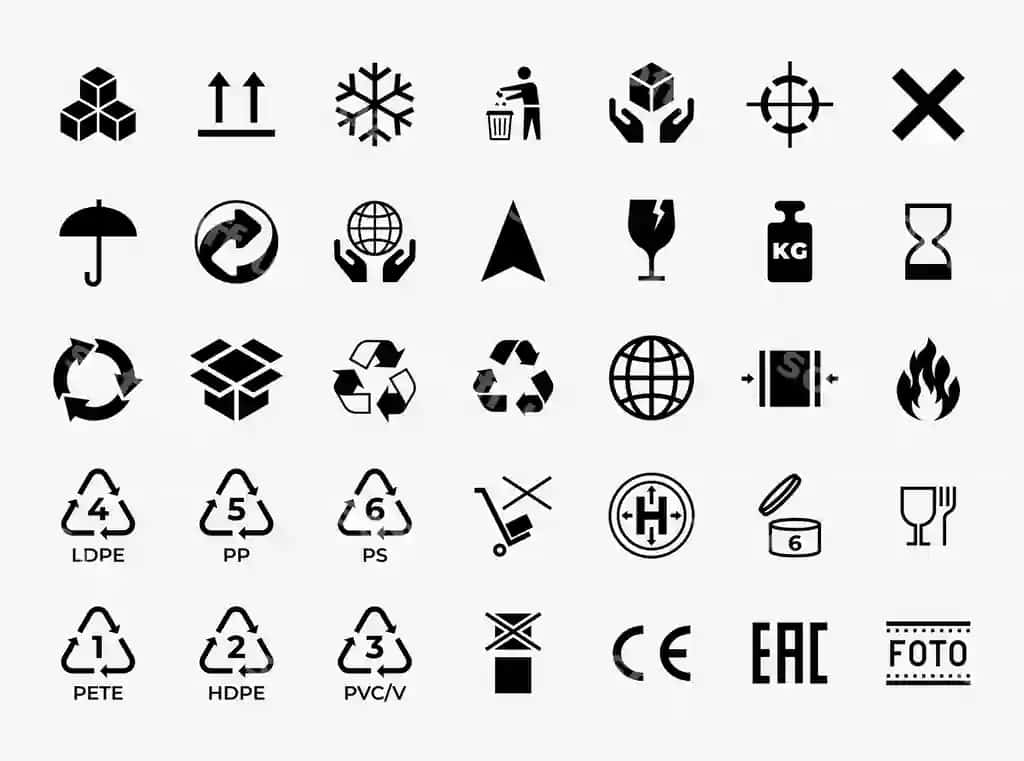 Paket quticha ikon qayta ishlash transport ogohlantirish belilari yetkazib berish | Package box icon recycle transportation caution symbols delivery