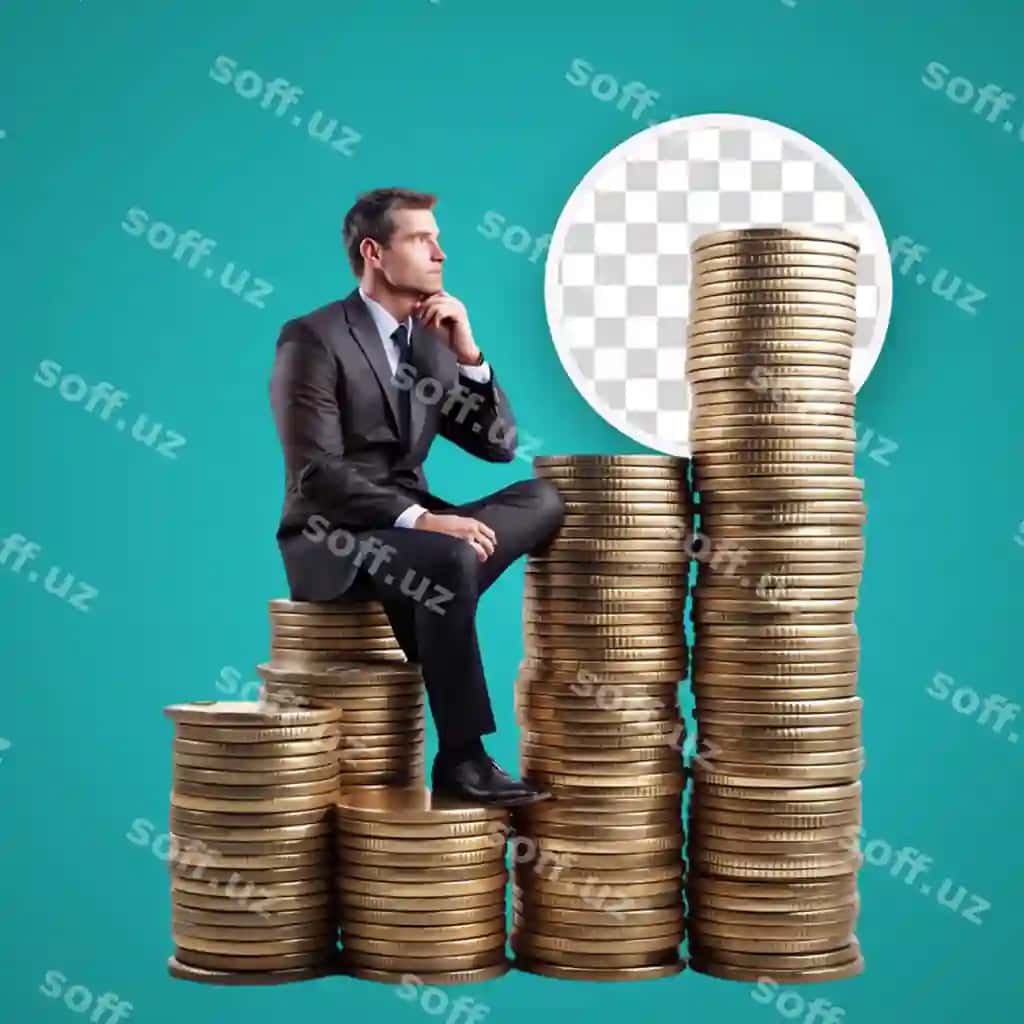 Bizznesmen oʻltinga soʻmlarning xaltogʻida turgan | Businessman staying pile gold coins