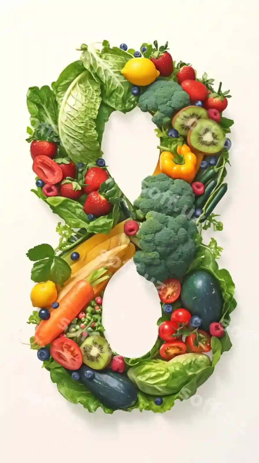 Binofat 8-raqam rang-barang meva va sabzilardan tuzilgan vertikal telefon uchun fon rasmi | Vibrant number 8 formed by colorful fruits vegetables vertical mobile wallpaper