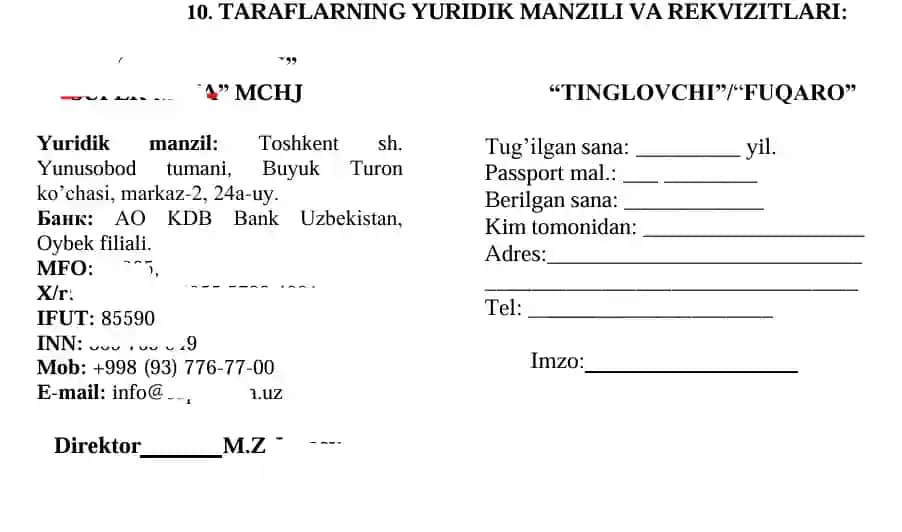 O'quvchilar bilan tuziladigan shartnoma