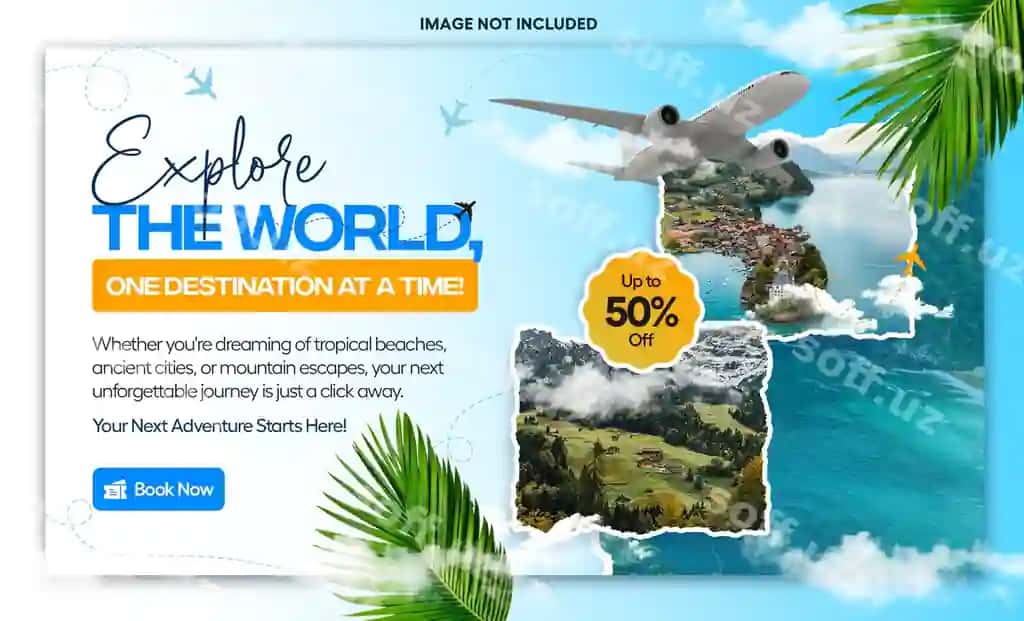 Sarlavha: Sayohat reklama floyeri samolyot tropik manzillar bilan | Title travel promotion flyer with airplane tropical destinations