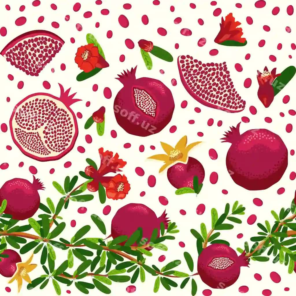 Anor daryolari mevalar va gullar bilan yorqin bitimsiz naqsh | Pomegranate branches with fruits flowers seamless pattern bright 2