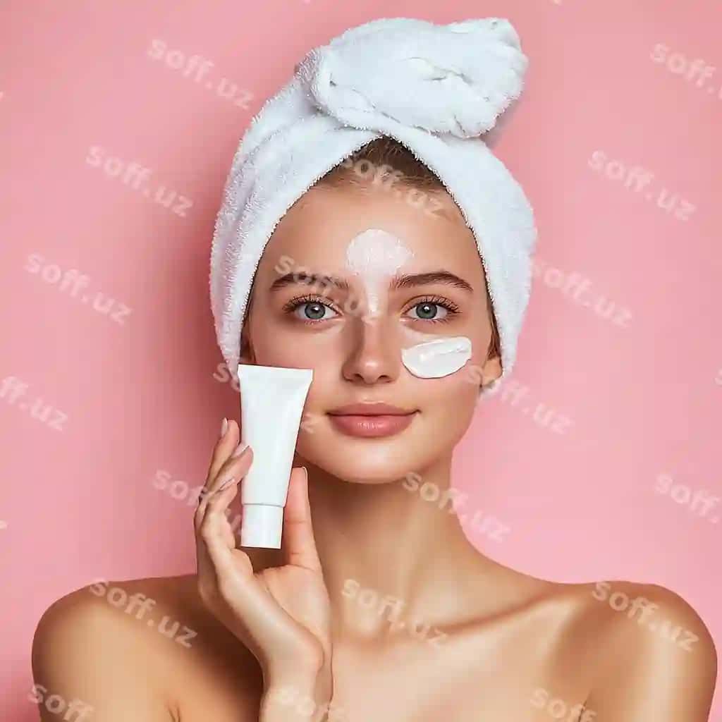 Ayol oq rangli krem tubini tutgan, yuzida krem bilan binafshek orqa fonda | Woman holding white cream tube with cream her face pink background