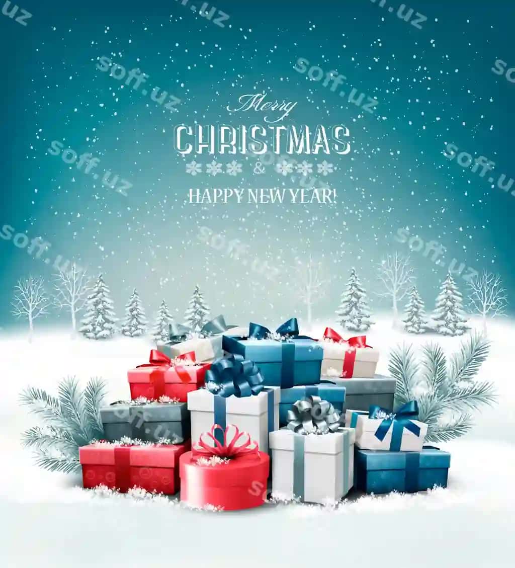 Rojdestvo muborak bo'lsin foni darchali daraxt va rangli sovg'a qutilari | Merry christmas background with branches tree colorful gift boxes