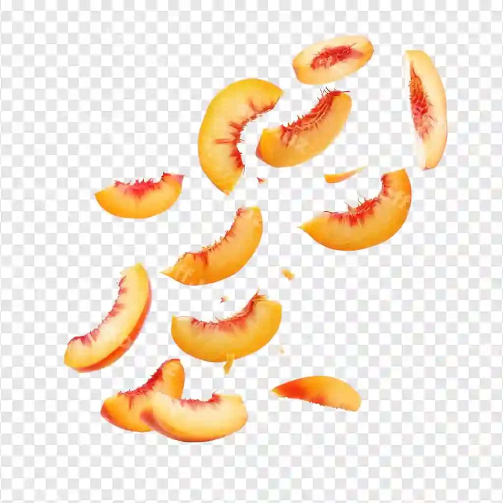 Tushayotgan shaftoli kesmalari shaffoflik orqa fonda ajraltirilgan | Falling slices peach isolate transparency background