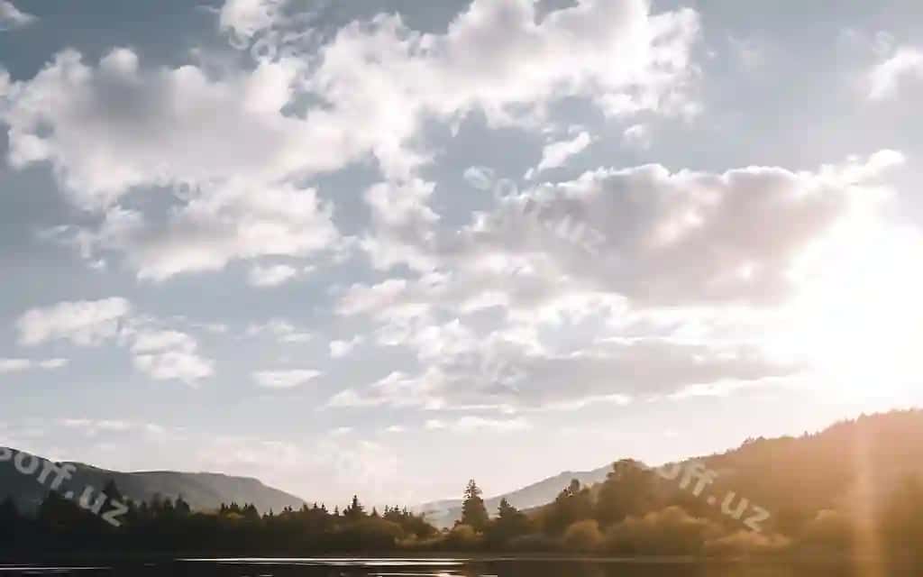 Qisqun ko'li chiziq daraxtlar bilan masofa generativeai | Sunset lake with line trees distance generativeai