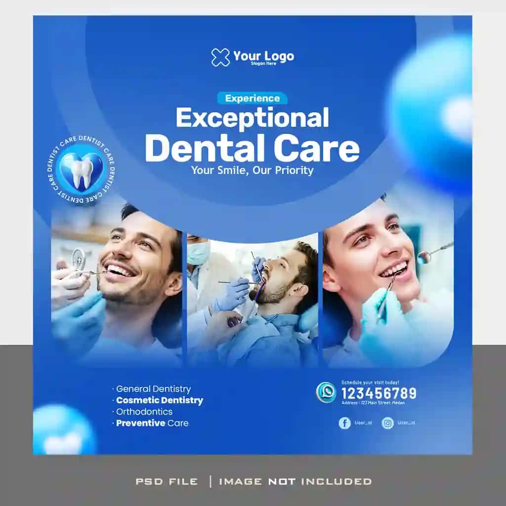 Ijtimoiy tarmoqlardagi post-banner klinikasidagi ajoyib stomatologik yordam xizmatlari | Exceptional dental care services social media post banner clinic