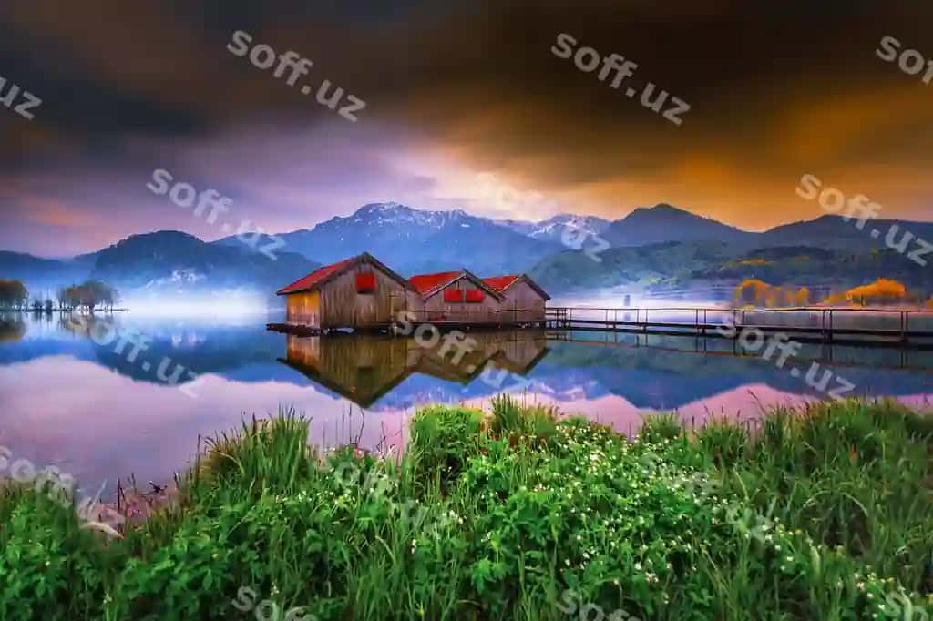 Ko'rsak yonidagi uy cho'pon orqa fonda | House by lake with mountains background 2