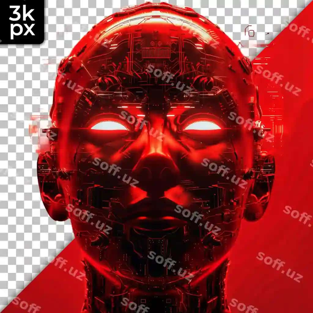 Kibernetik bosh qizil chizuqlar shaffof orqa fonda | Cybernetic head with red circuitry transparent background 2