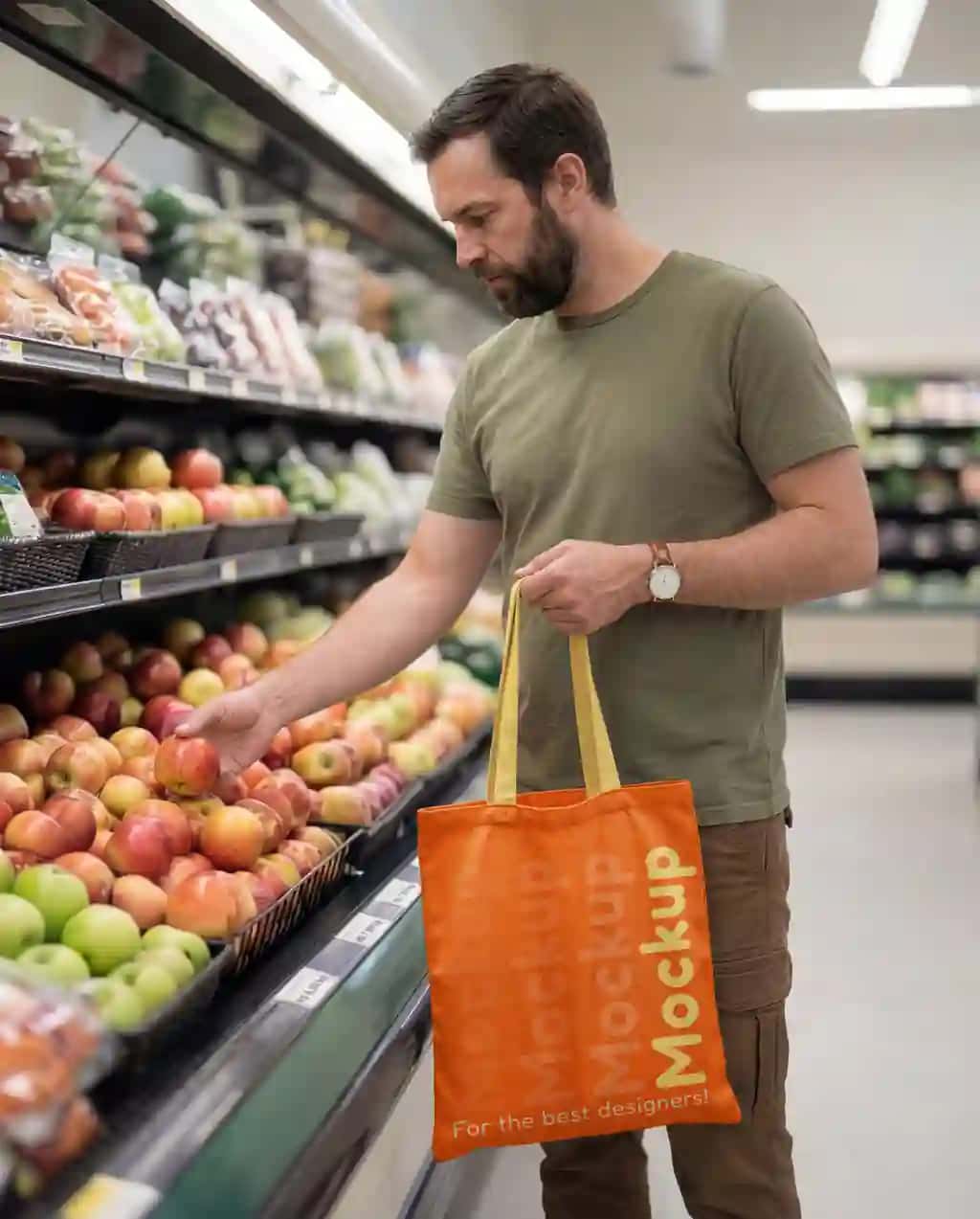 Qayta foydalanish mumkin bo'lgan maket sumkasi bilan yangi olma supermarketini xarid qilayotgan odam | Man shopping fresh apples supermarket with reusable mockup bag