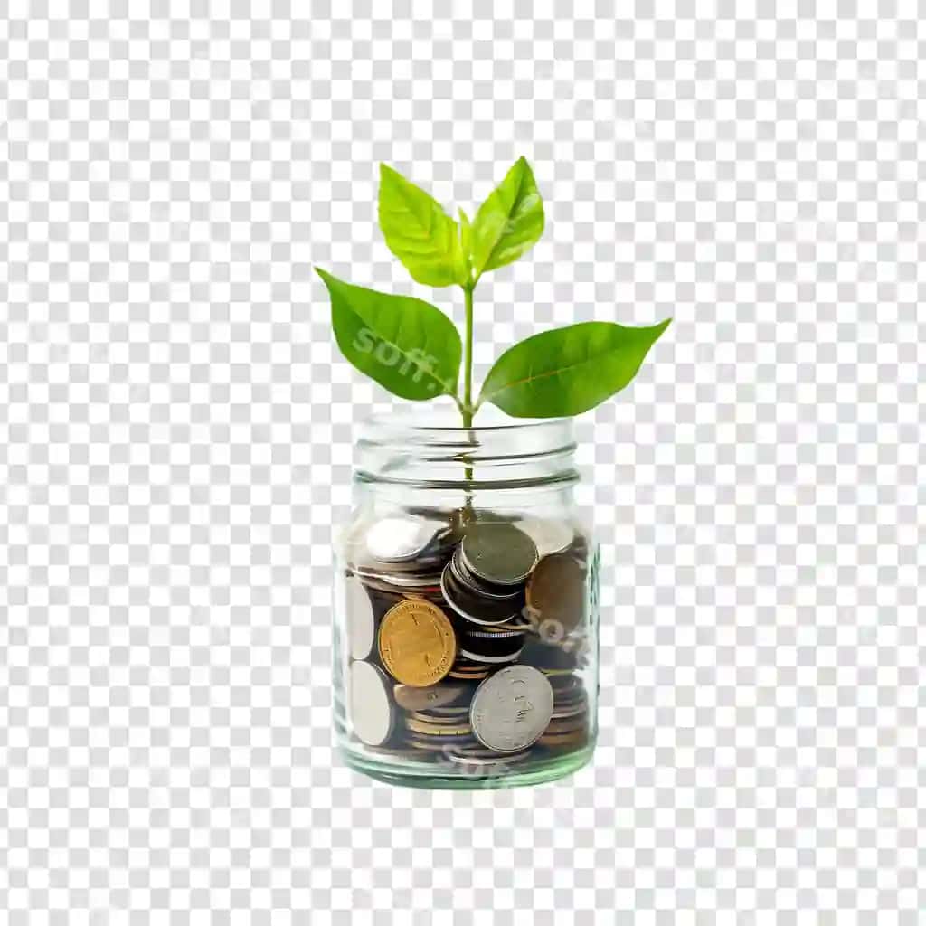 Shisha qozon tanga pul bilan o'simlik chiqayotgan shaffof fonda | Glass jar coin money with plant growing out it transparent background