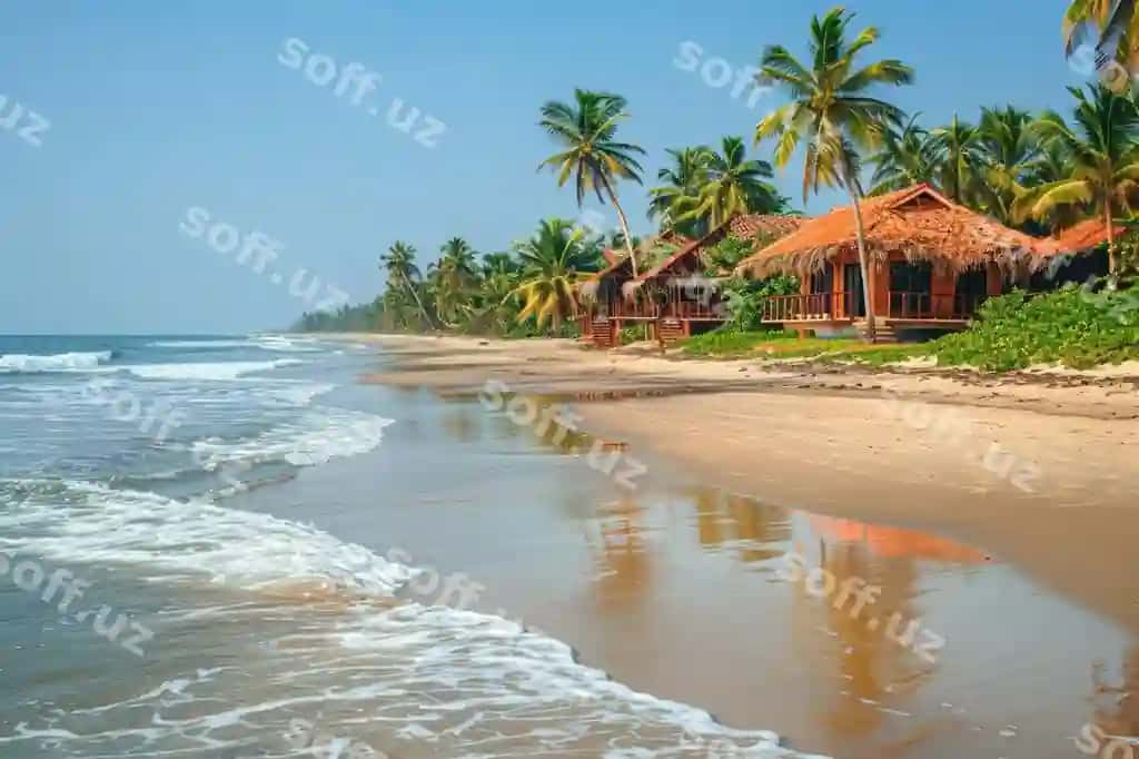 Rang-barang sochli uylar tropik okey sochli yonida | Colorful beach huts by ocean tropical shore