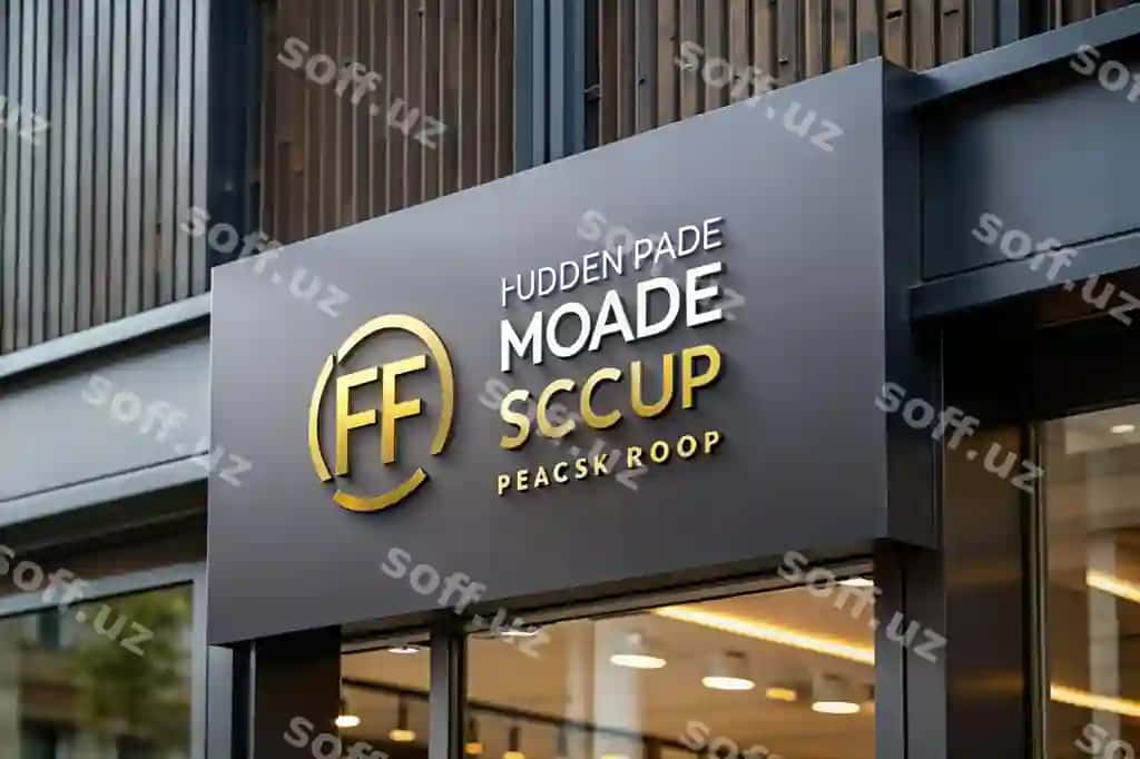 Zamonaviy qora fasadli signa logotipi mockup dizayni | Modern black facade sign logo mockup design 2