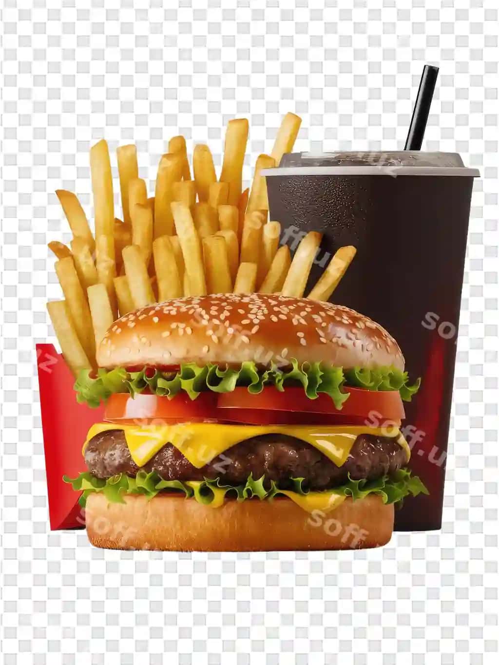 Gamburger bilan kartoshka fri va ichimlik | Hamburger with french fries drink