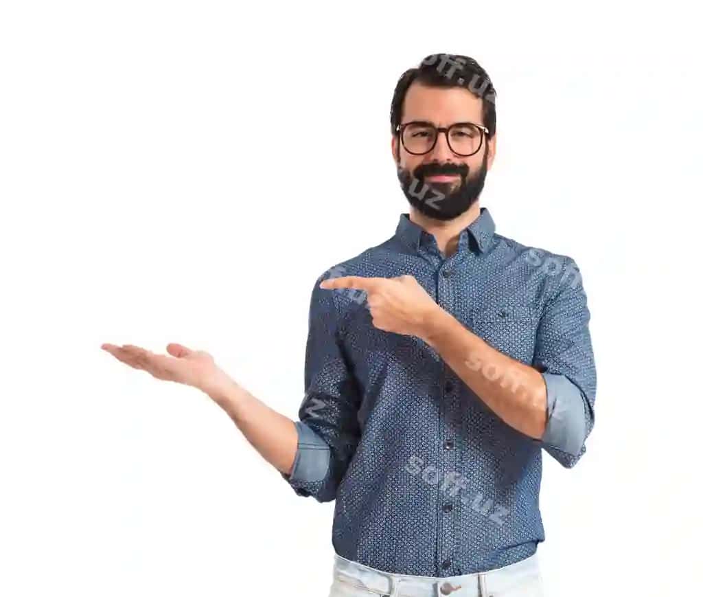Oq fonda biror narsa ushlab turgan yosh hipster erkak | Young hipster man holding something white background