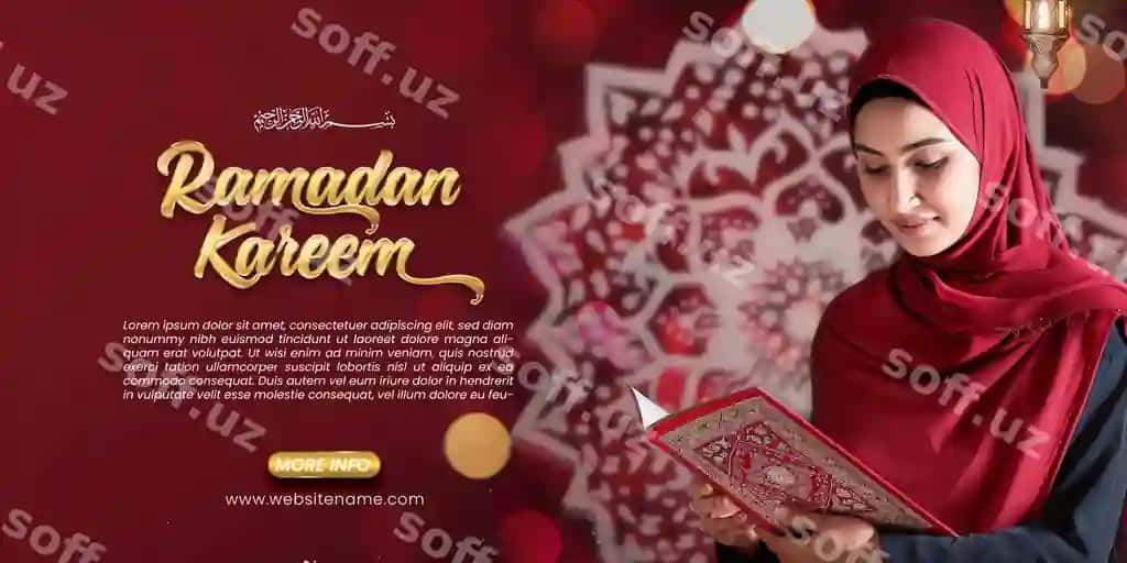 Gorizontal islamiy bayramlik banner shabloni Qur'on o'qiyotgan qiz bilan | Horizontal banner template islamic festive with girl reading quran