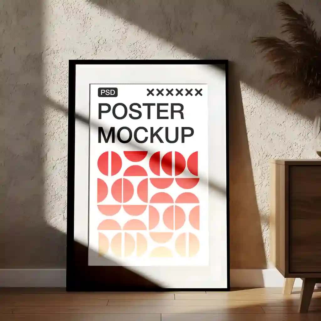 Quyoshli mavhum geometrik san'at asari tushirilgan realistik ramkali plakat maket | Realistic framed poster mockup with abstract geometric art sunny