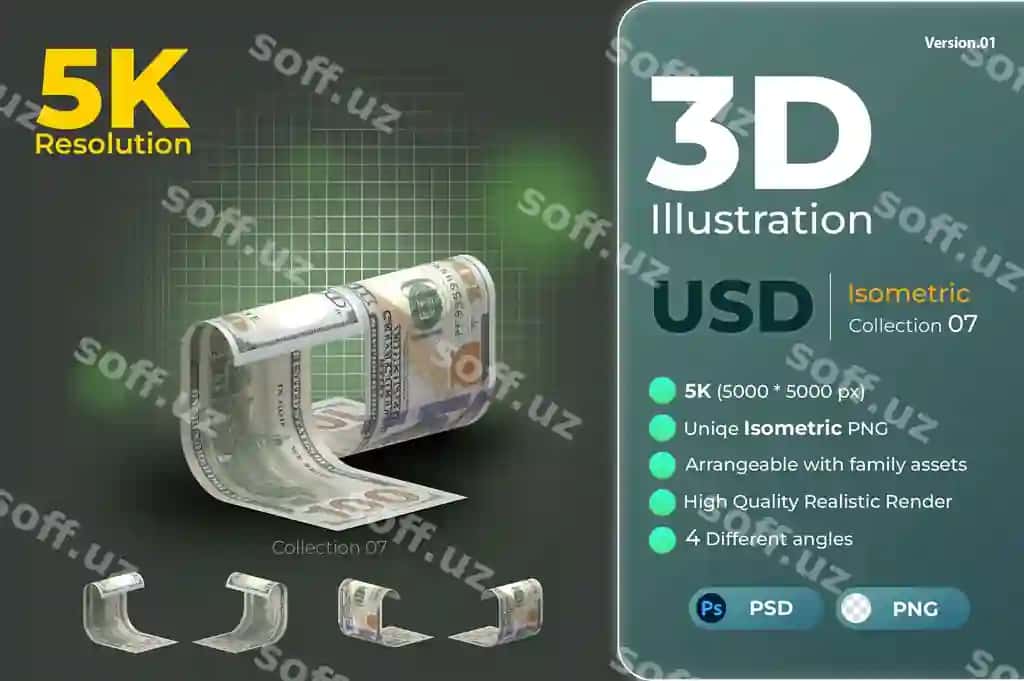 Realistik 3D Dollar USD puli Izometric render Moslashuvchi | Realistic 3d dollar usd money isometric render arrangable 2