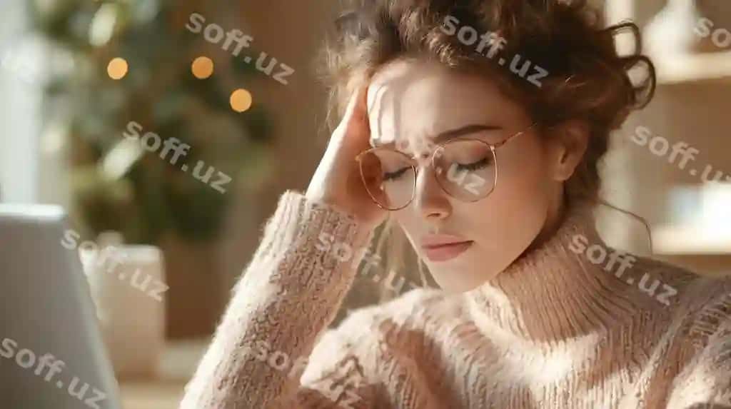 O'ylangan ayol noutbuk ekraniga qaramoqda, qulay ichki muhitda. | Pensive woman gazing laptop screen cozy indoor setting 2