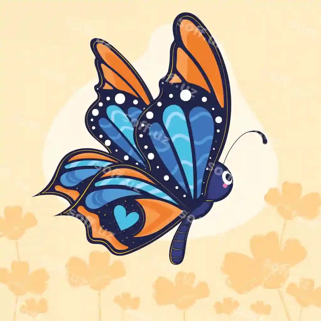 Rangli ko'k va to'q sariq parvoz gulovchi yuz bilan vektor | Colorful blue orange butterfly with smiling face vector