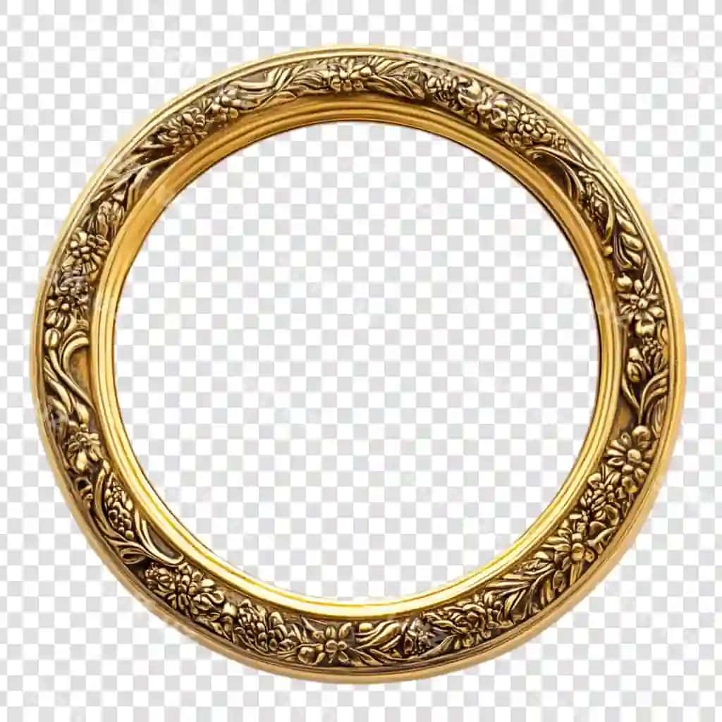 Bezatilgan oltin doira shaklidagi rasm ramkasi dizayni shaffof fonda | Ornate gold circular picture frame design transparent background