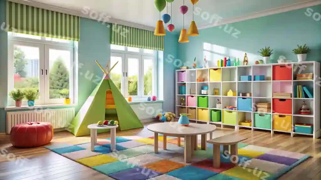 Hayotli bolalar o'yin xonasi rangli mebel va o'yin uy bilan. | Vibrant childrens playroom with colorful furniture play tent 2