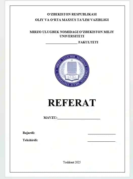 Referat yuzi uchun shablon Milliy Universitet logosi bilan