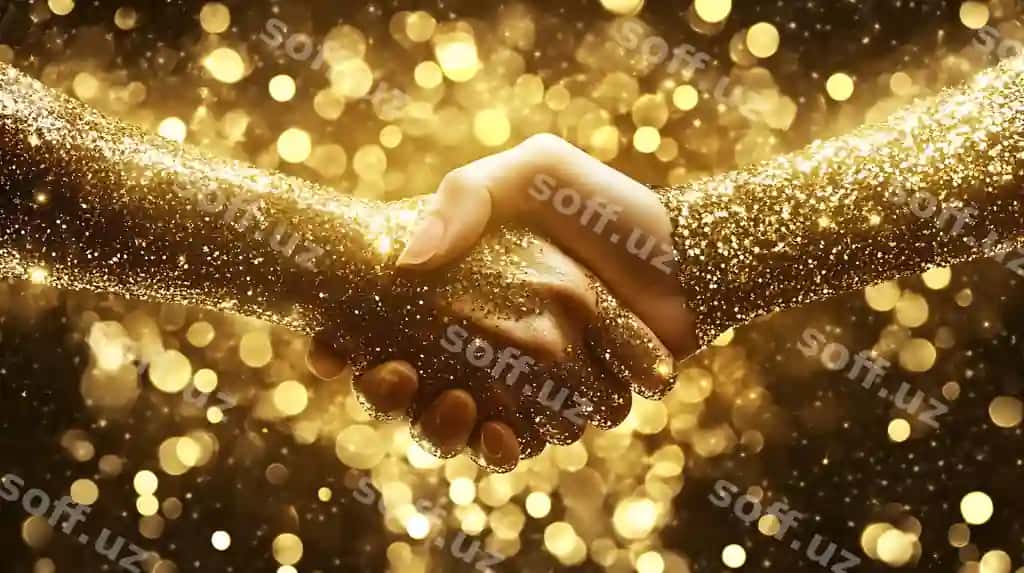 Oltin qo'l aylanishi parchalangan orqa fonda bilan | Golden handshake with sparkling background 2