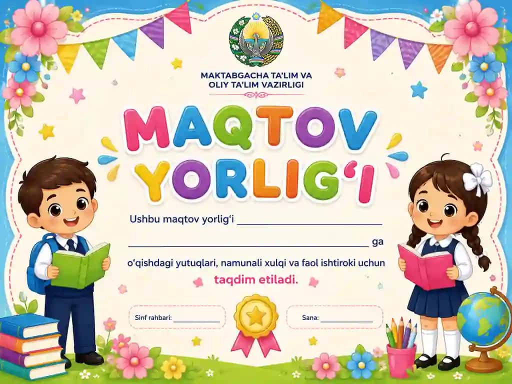 Boshlang'ich sinf o'quvchilari uchun maqtov yorlig'i