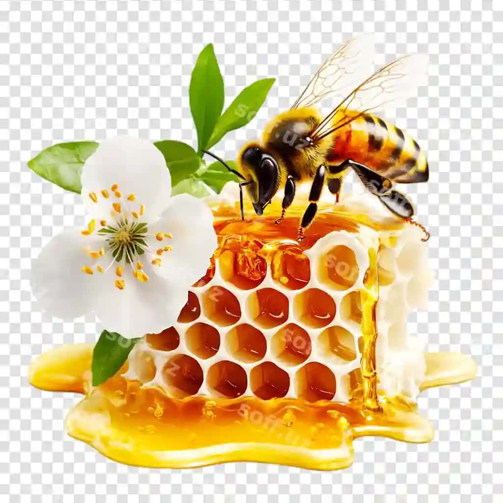 Shirin qorgon asal gullari bilan shaffof fonda | Honeycomb with bee flowers transparent background