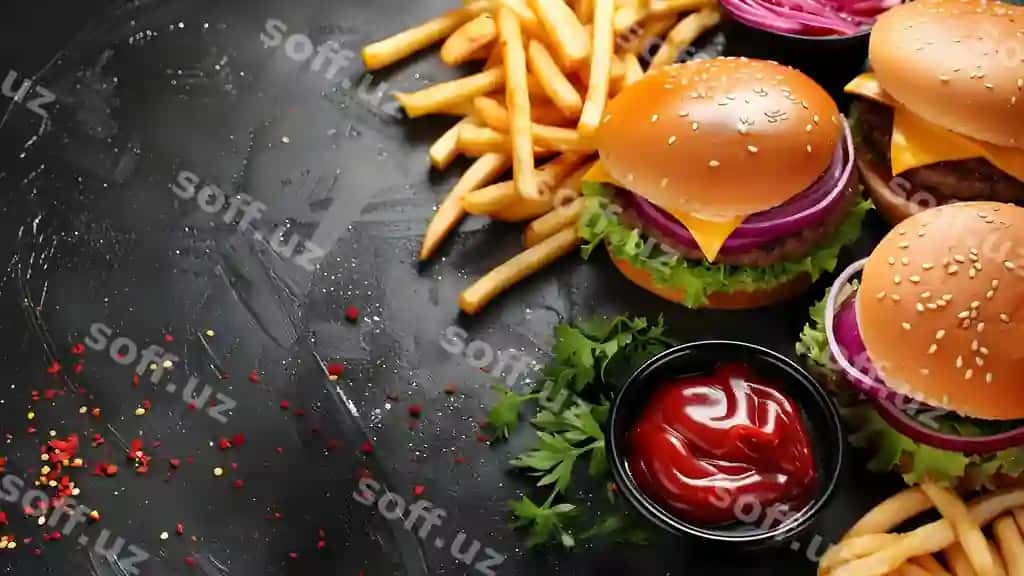 Gamburgerlar tekzkor ovqat stol foni ovqat reklamasi tushunchasi ovqat stilizatsiyasi tekzkor ovqat fotografiyasi mammtob hamburgerlar rangarang fonlar | Hamburgers fast food table background food advertising concept food styling fast food photography delicious burgers colorful backgrounds